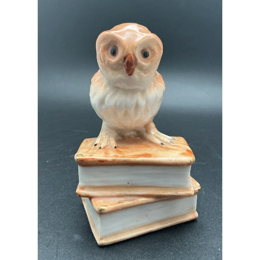 Porcelain Owl Figurine on a Stack of Books With‎ Gilded Corners-Unique